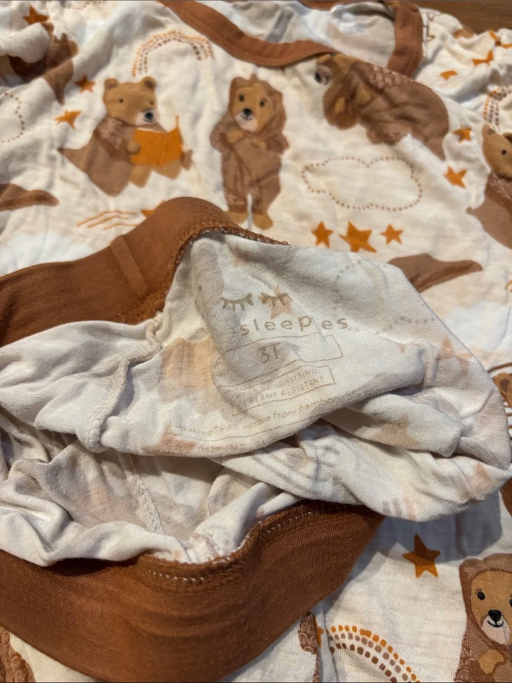 Kids Little Sleepies Reading Bear Print Pajama Set - Brown + Cream 3T